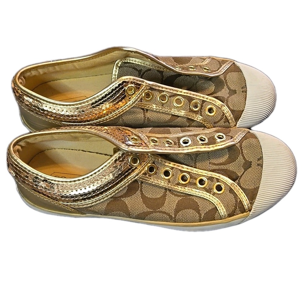 COACH Shoes Women 6.5 Zorra Classic Signature Logo Gold Sequin Lace Up Sneaker